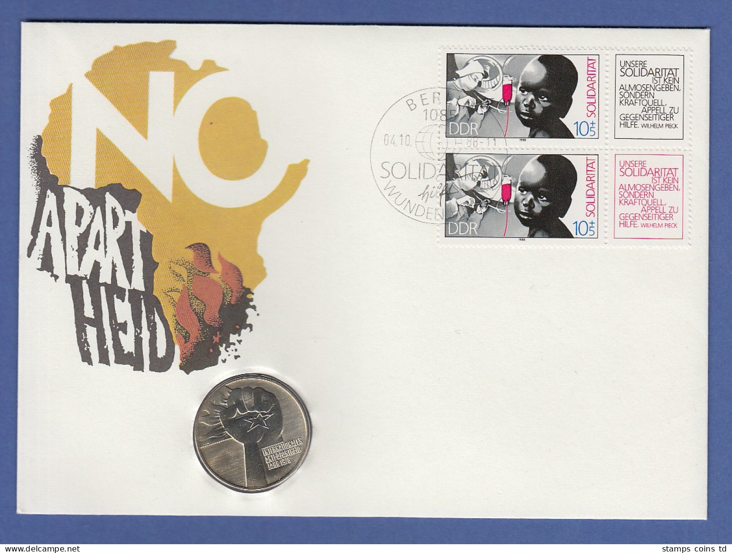 Numisbrief Anti-Apartheid Mit 5 Mark DDR-Münze 1978 Und Briefmarken DDR 1988 - Autres & Non Classés