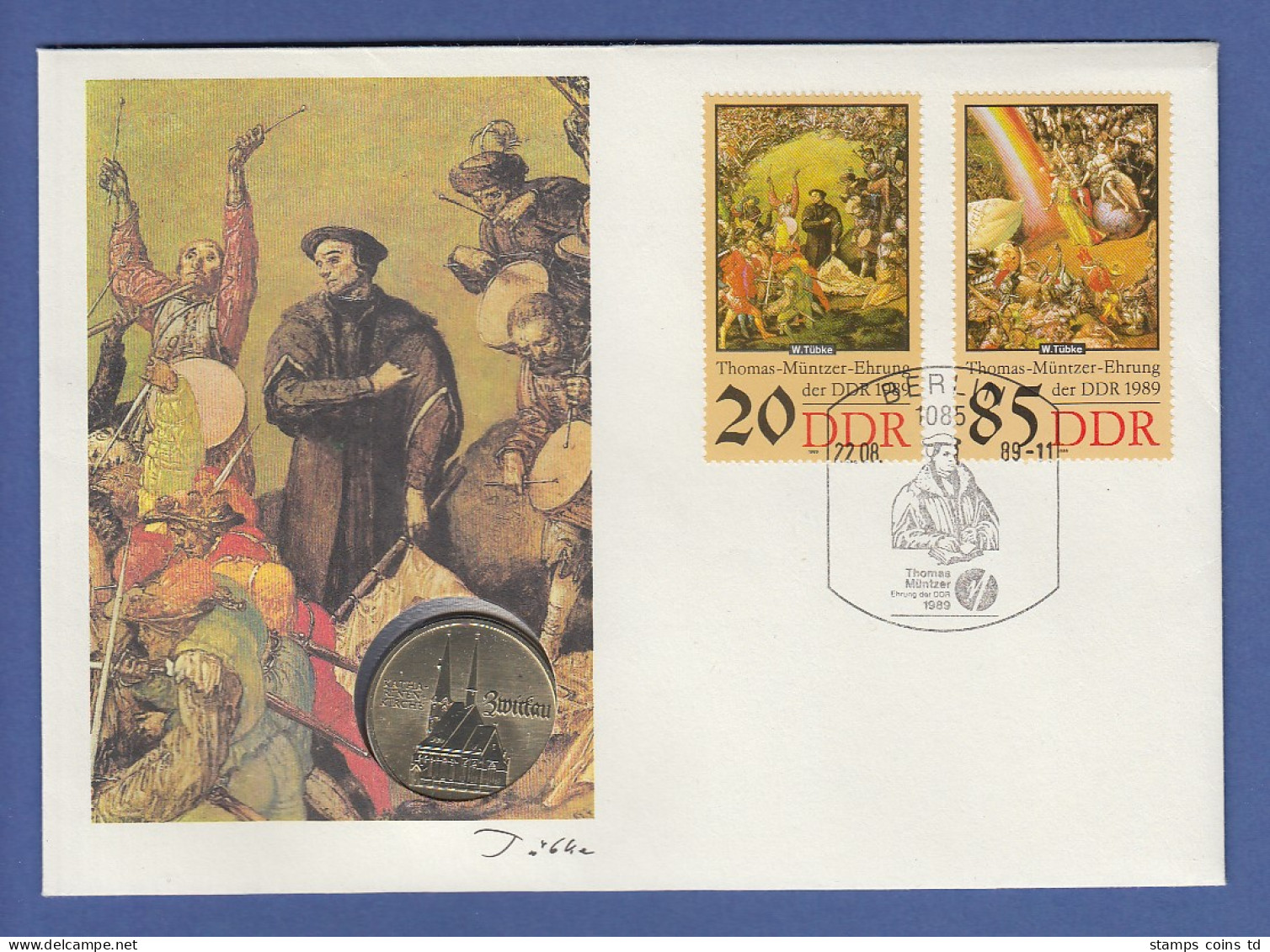 Numisbrief Thomas Müntzer Mit 5 Mark DDR-Münze 1989 Und Briefmarken DDR 1989 - Sonstige & Ohne Zuordnung
