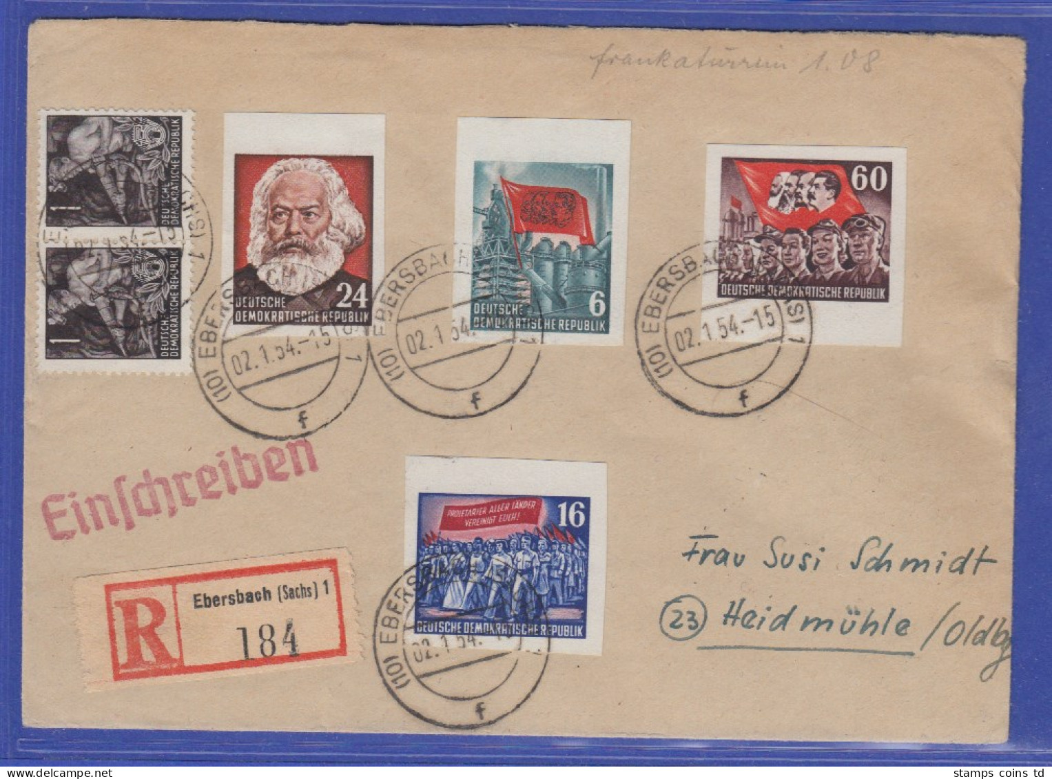 DDR 1954  4 Geschnittene Karl Marx Blockmarken In MIF Auf R-Brief Aus Ebersbach  - Autres & Non Classés