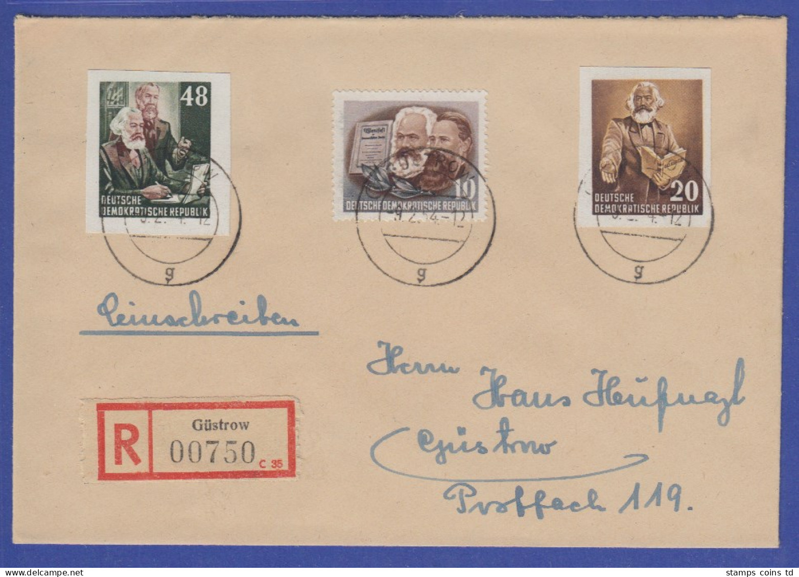 DDR 1954  Karl Marx Blockmarken Mi.-Nr. 388B Und 391B Auf R-Brief Aus Güstrow - Autres & Non Classés