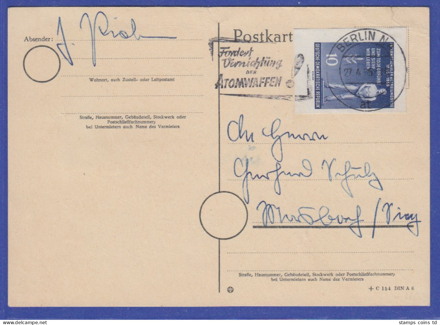 DDR 1955 Blockmarke Mi.-Nr. 459B Als EF Auf Postkarte Aus Berlin - Autres & Non Classés