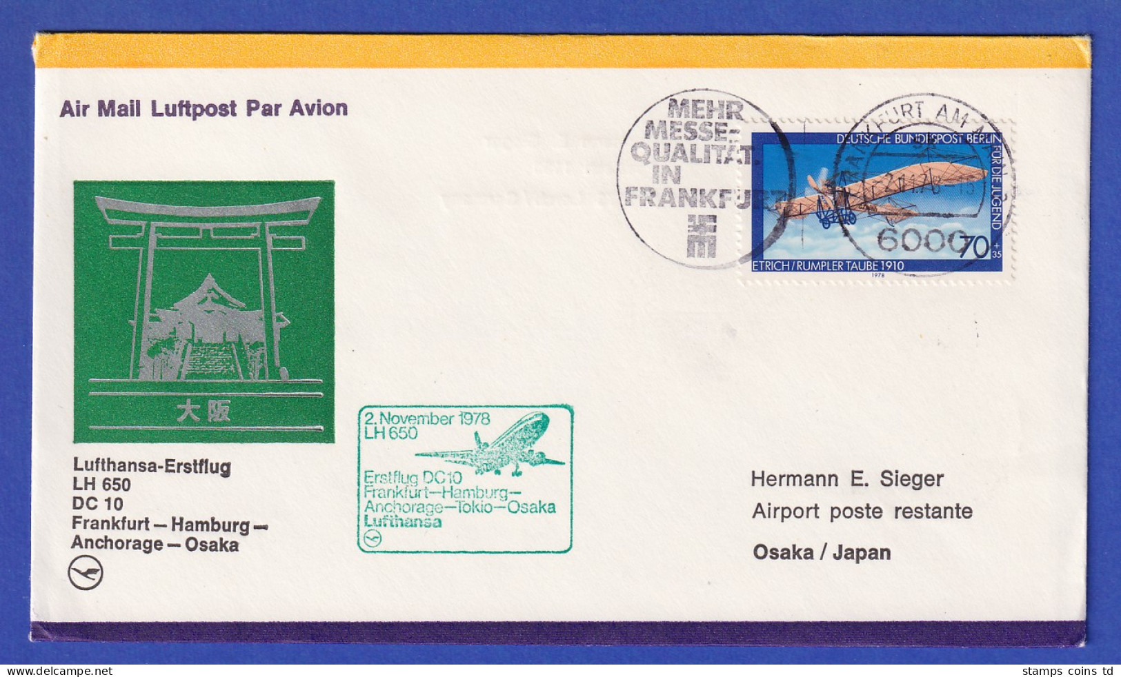 Lufthansa-Erstflugbeleg DC10 LH 650 1978 Mit EF Berlin Mi.-Nr. 566 - Storia Postale