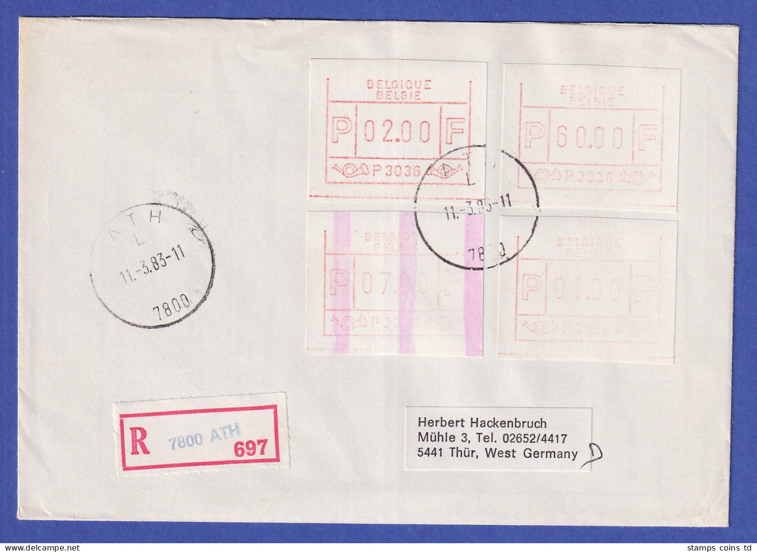 Belgien FRAMA-ATM P3036 Mit ENDSTREIFEN Auf R-Brief ATH Vom 11.3.1983 - Other & Unclassified