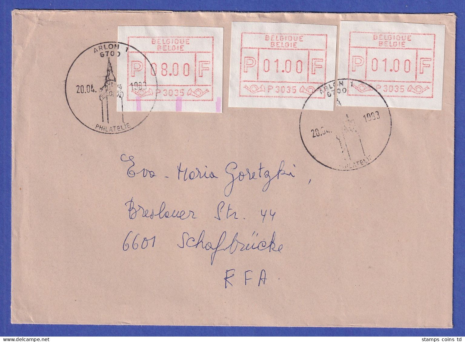 Belgien FRAMA-ATM P3035 Mit ENDSTREIFEN-Ende Auf Brief ARLON 1 Vom 20.4.1983 - Otros & Sin Clasificación