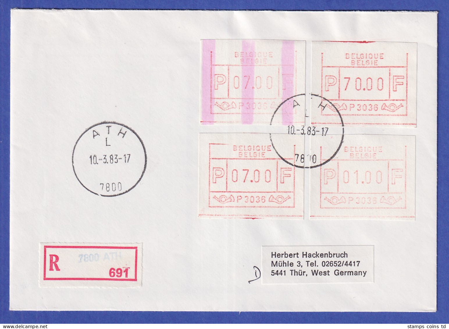 Belgien FRAMA-ATM P3036 Mit ENDSTREIFEN Auf R-Brief ATH Vom 10.3.1983 - Altri & Non Classificati
