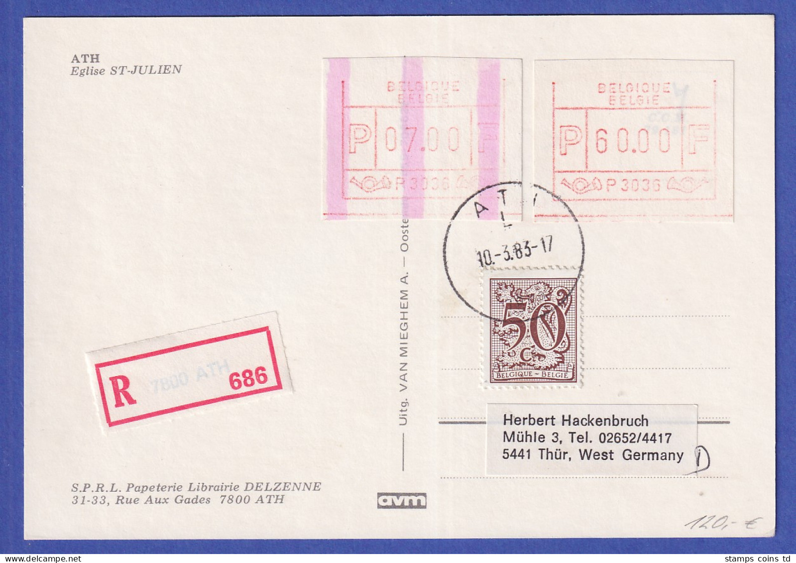 Belgien FRAMA-ATM P3036 Mit ENDSTREIFEN Auf R-Postkarte ATH Vom 10.3.1983 - Autres & Non Classés