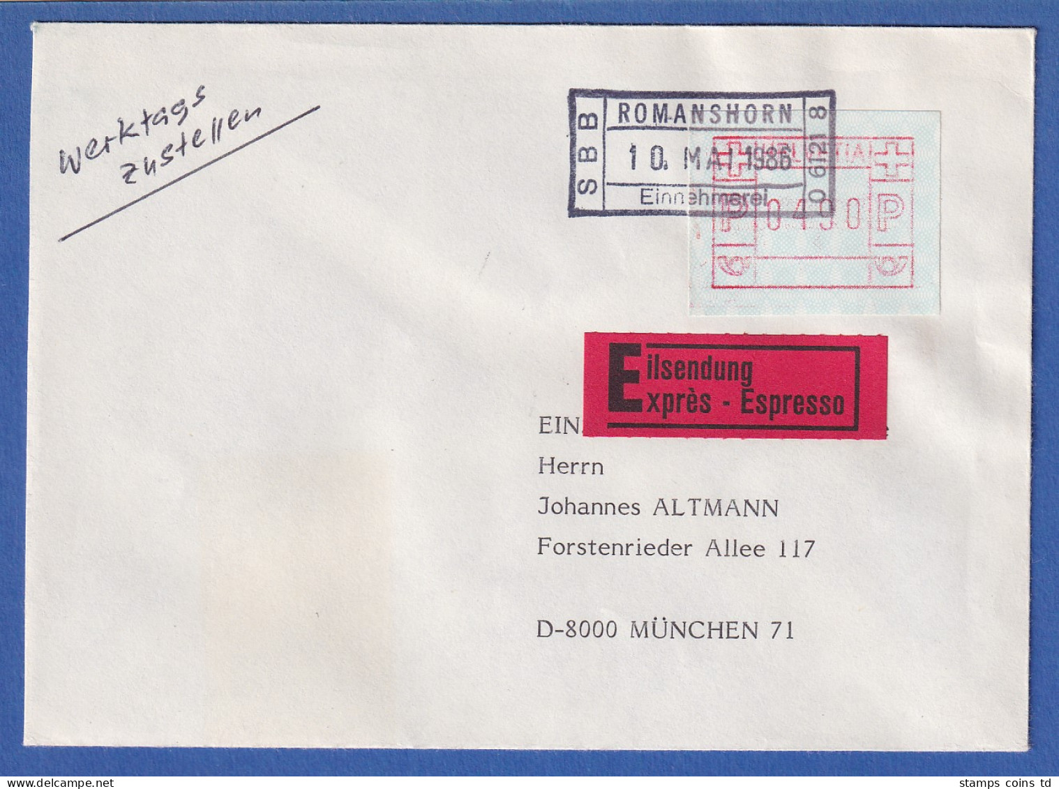 Schweiz FRAMA-ATM Mi-Nr. 3.5b Wert 490 Auf Eilbrief Aus Romanshorn Nach München - Timbres D'automates