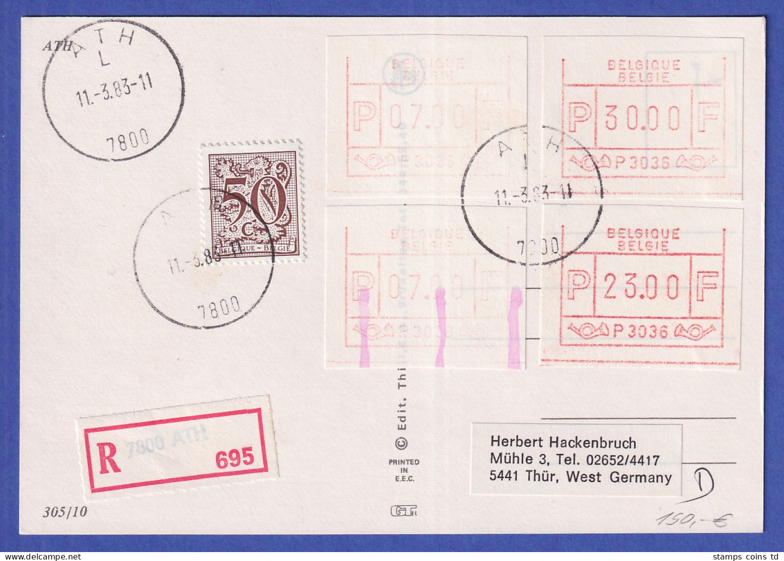 Belgien FRAMA-ATM P3036 Mit ENDSTREIFEN-Ende Auf R-Postkarte ATH,  11.3.83 - Autres & Non Classés