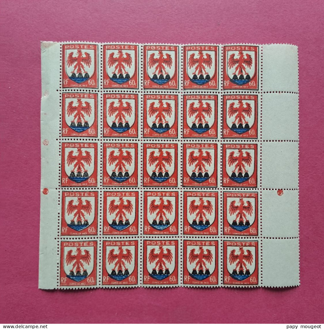 N°758 60 C. Armoiries De Nice - Morceau De Feuille De 25 Timbres Avec Inter-panneau Neuf ** (variétés Décalage Couleur) - 1941-66 Escudos Y Blasones