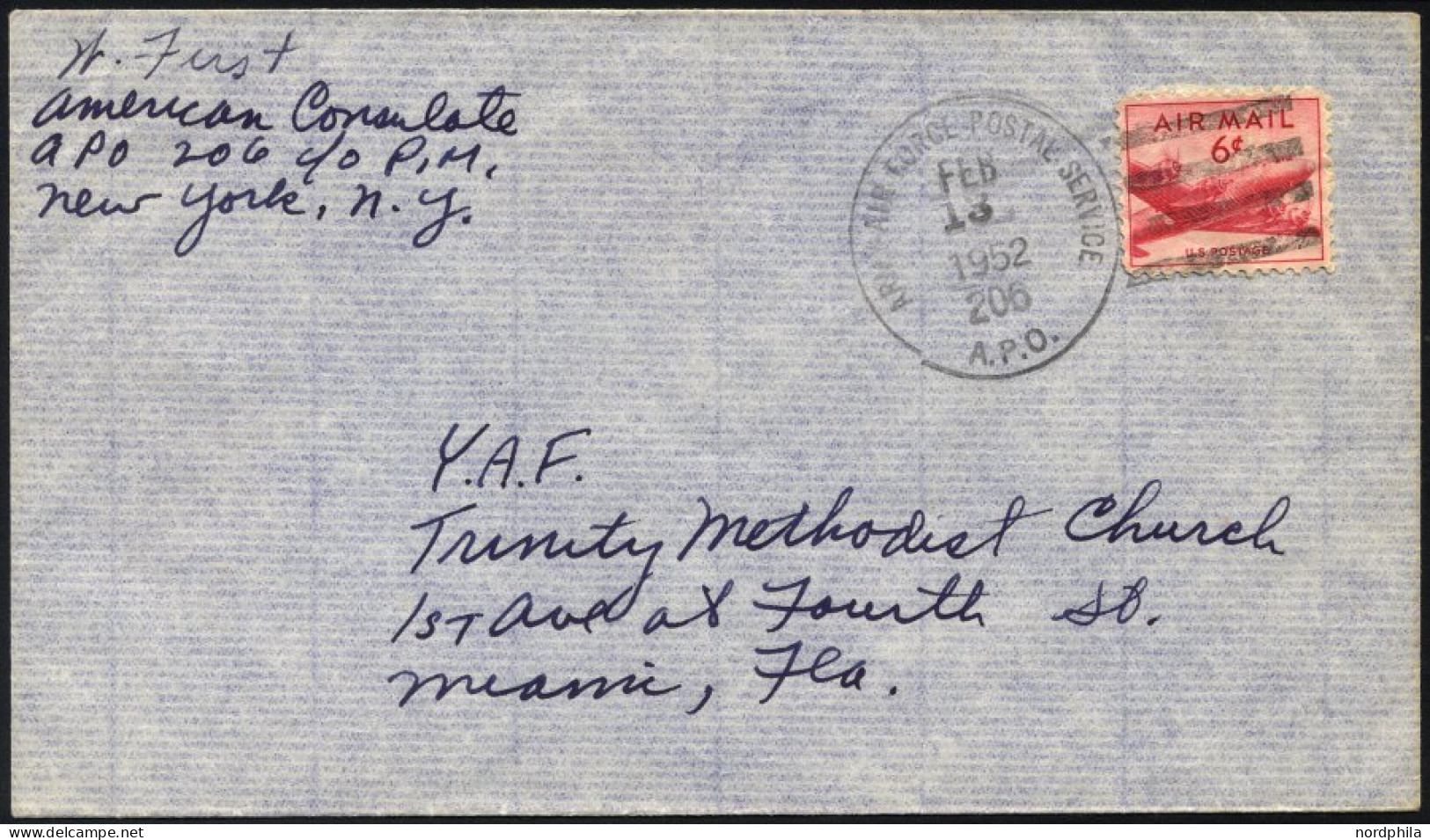 FELDPOST 1952, Feldpostbrief Aus Athen über Das Amerikanische Konsulat An Das Feldpostamt 206 In New York, Mit K1 FORCE  - Briefe U. Dokumente
