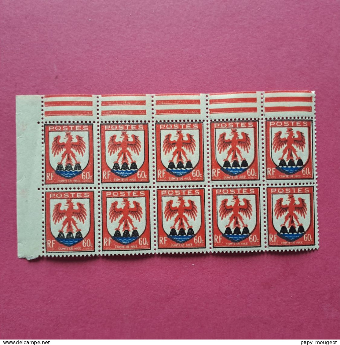 N°758 60 C. Armoiries De Nice - Coin Haut Droit De Feuille De 10 Timbres Neuf ** (décalage Couleur) - 1941-66 Armoiries Et Blasons