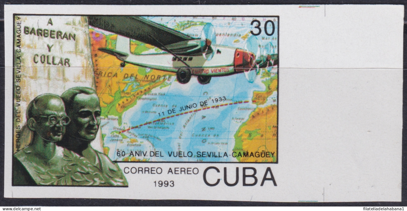 1993.192 CUBA 1993 30c MNH BARBERAN Y COLLAR FLIGHT SEVILLA – CAMAGUEY IMPERFORATED PROOF.  - Non Dentelés, épreuves & Variétés