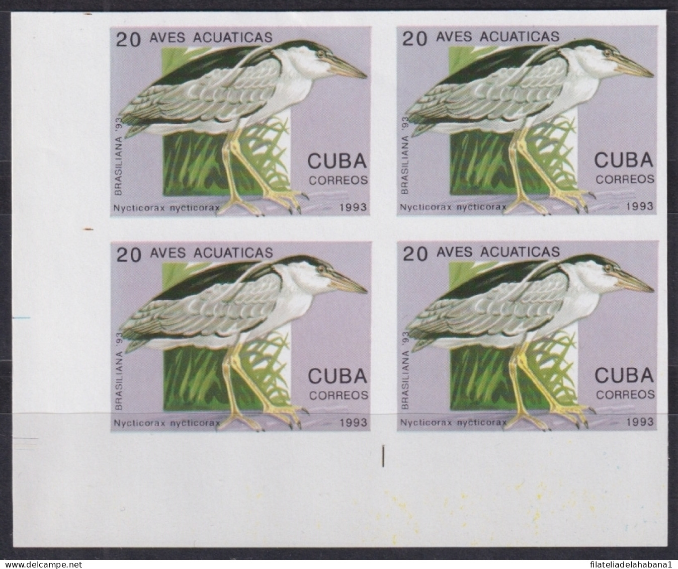 1993.186 CUBA 1993 20c WATER BIRD AVES PAJAROS IMPERFORATED PROOF BLOCK 4.  - Imperforates, Proofs & Errors