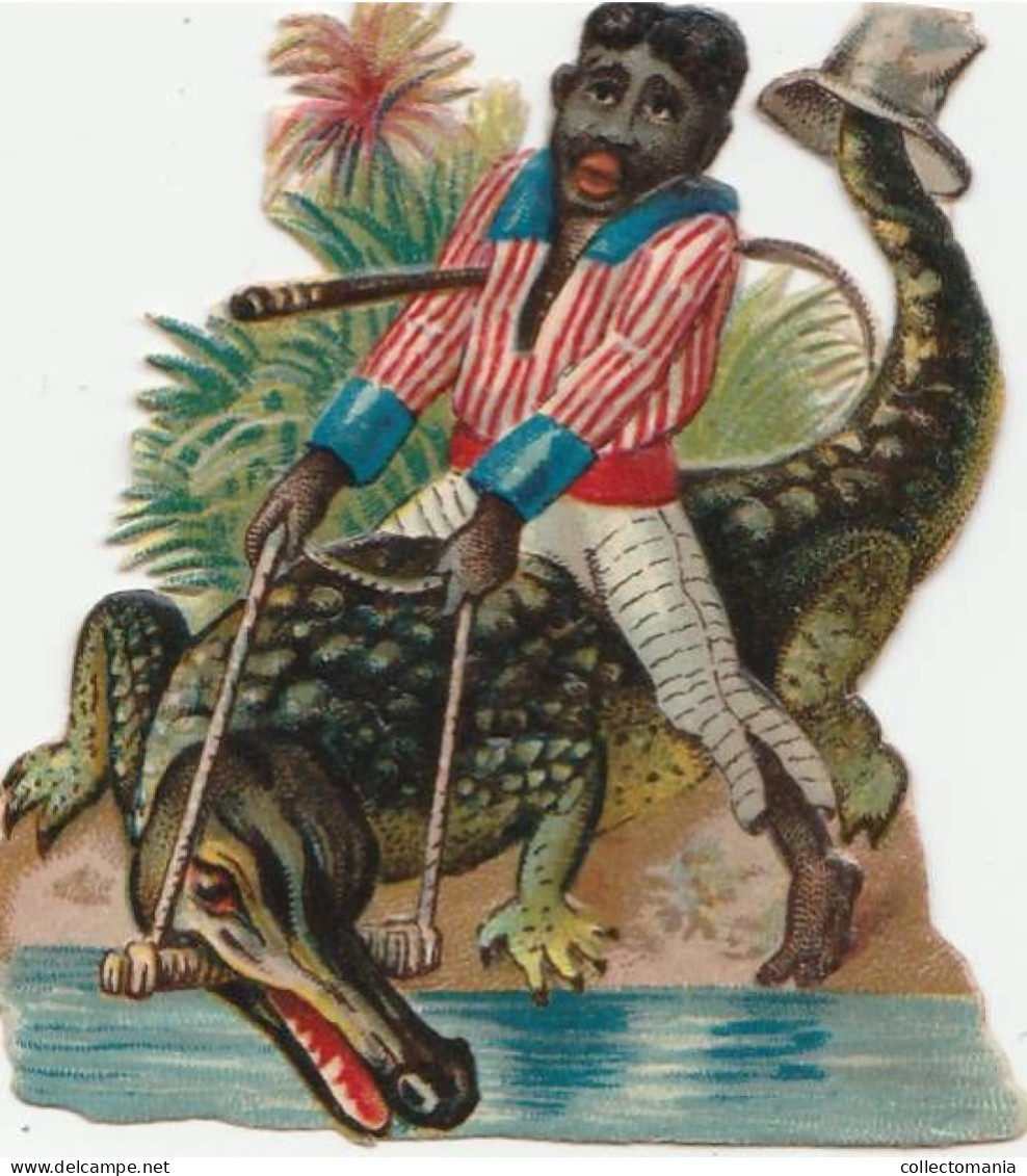 7 Scraps  Découpis  Black People  Riding A Ostrich , Crocodile , Rinoceros , Donkey ,Hipopothamus , Camel - Animales