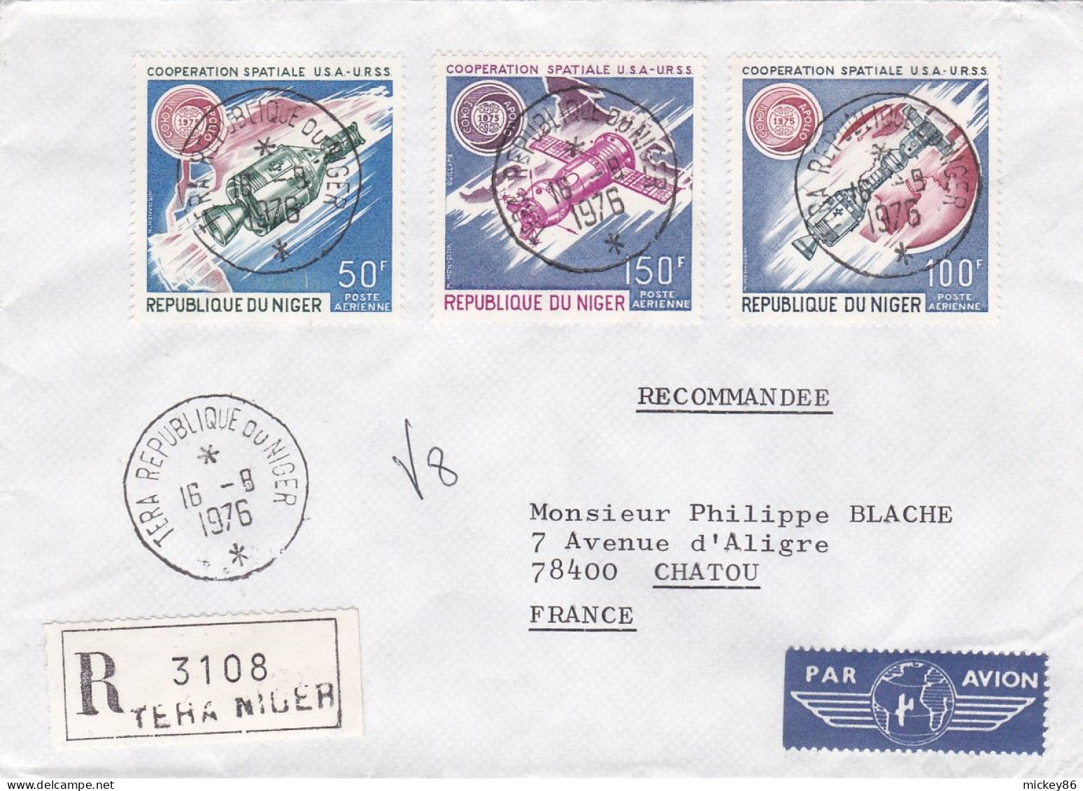 NIGER -1976 -Lettre Recommandée DOSSO Pour CHATOU-78 (France)-timbre "Coopération Spatiale USA-URSS " -- Cachet - Níger (1960-...)
