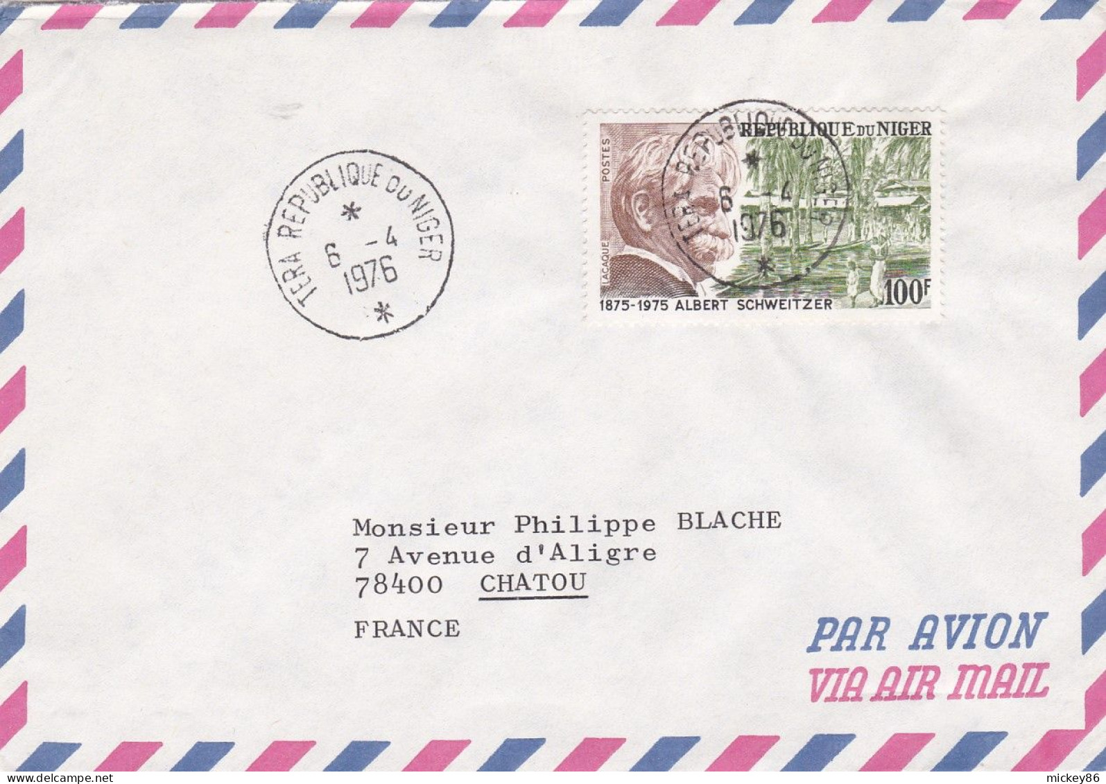 NIGER -1976 -Lettre TERA Pour CHATOU-78 (France)-timbre " Albert SCHWEITZER " Seul Sur Lettre -- Cachet - Niger (1960-...)