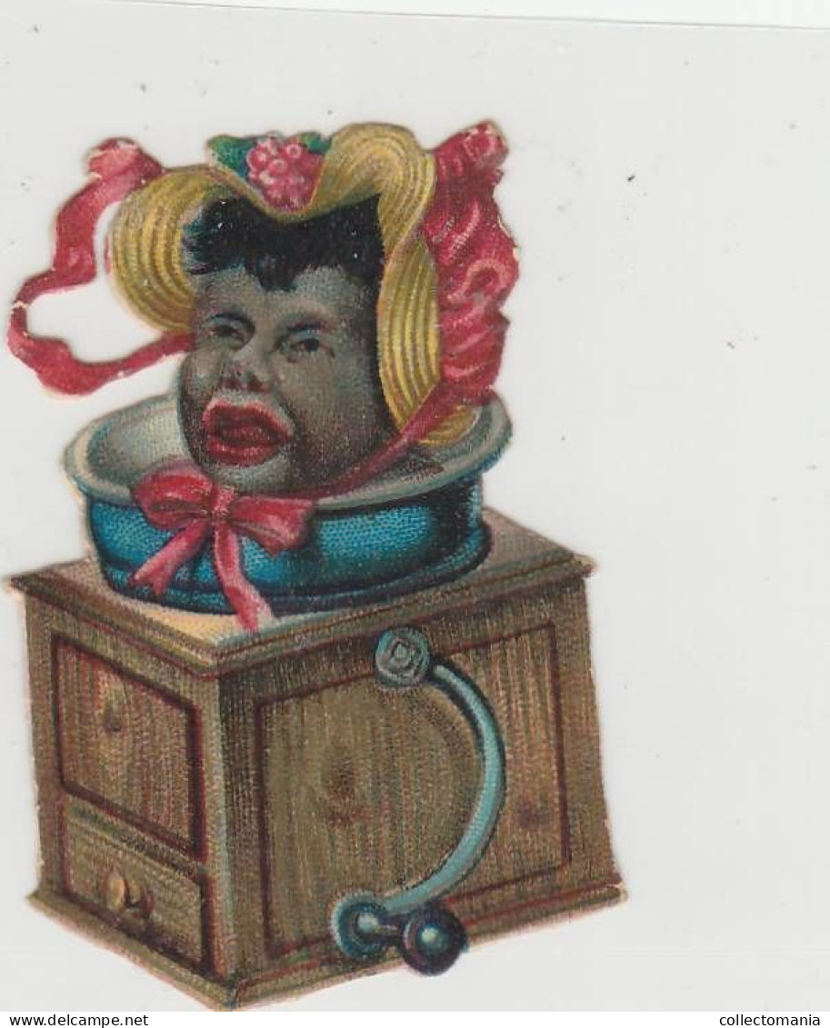 C1885 - 4 Scraps Die Cut  Black People Funny  Children's Heads  Coffee Mill Coffee Cup Box PUB ART Litho Caricature - Anges