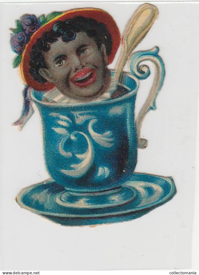 C1885 - 4 Scraps Die Cut  Black People Funny  Children's Heads  Coffee Mill Coffee Cup Box PUB ART Litho Caricature - Angeli