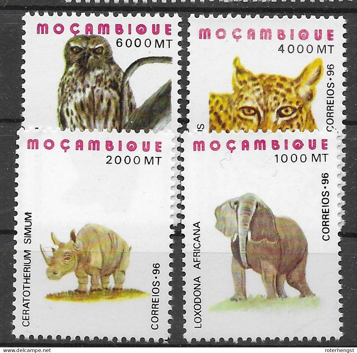 Mocambique Animals Set Elephant Rhino Owl Leopard Mnh ** 1996 - Mozambique
