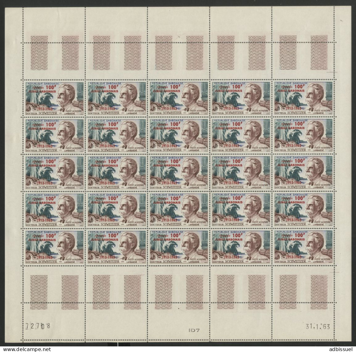 POSTE AERIENNE N° 11 100 Fr Sur 200 Fr SCHWEITZER Feuille Complète De 25 Ex. Neufs ** MNH + Coin Daté 31.1.63 TB - Gabón (1960-...)