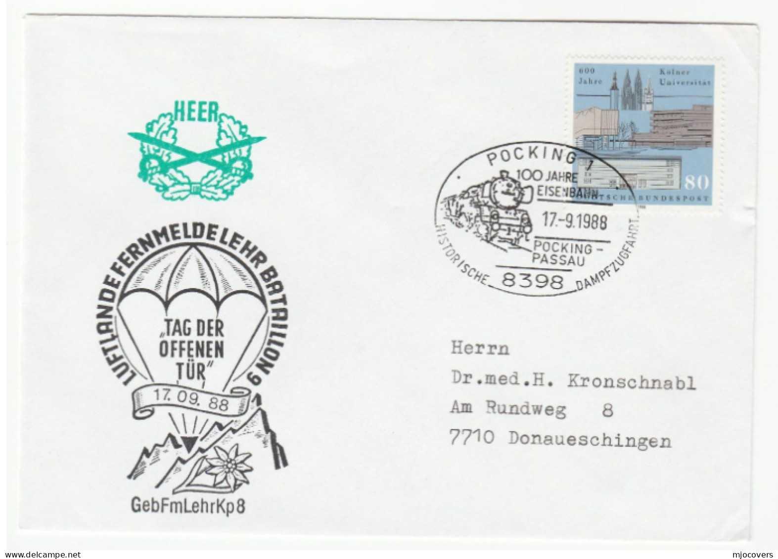 1988 PARACHUTING Airborne Battalion EVENT Cover Germany Military Forces Telecom Telecommunications Stamps Railway Train - Parachutisme