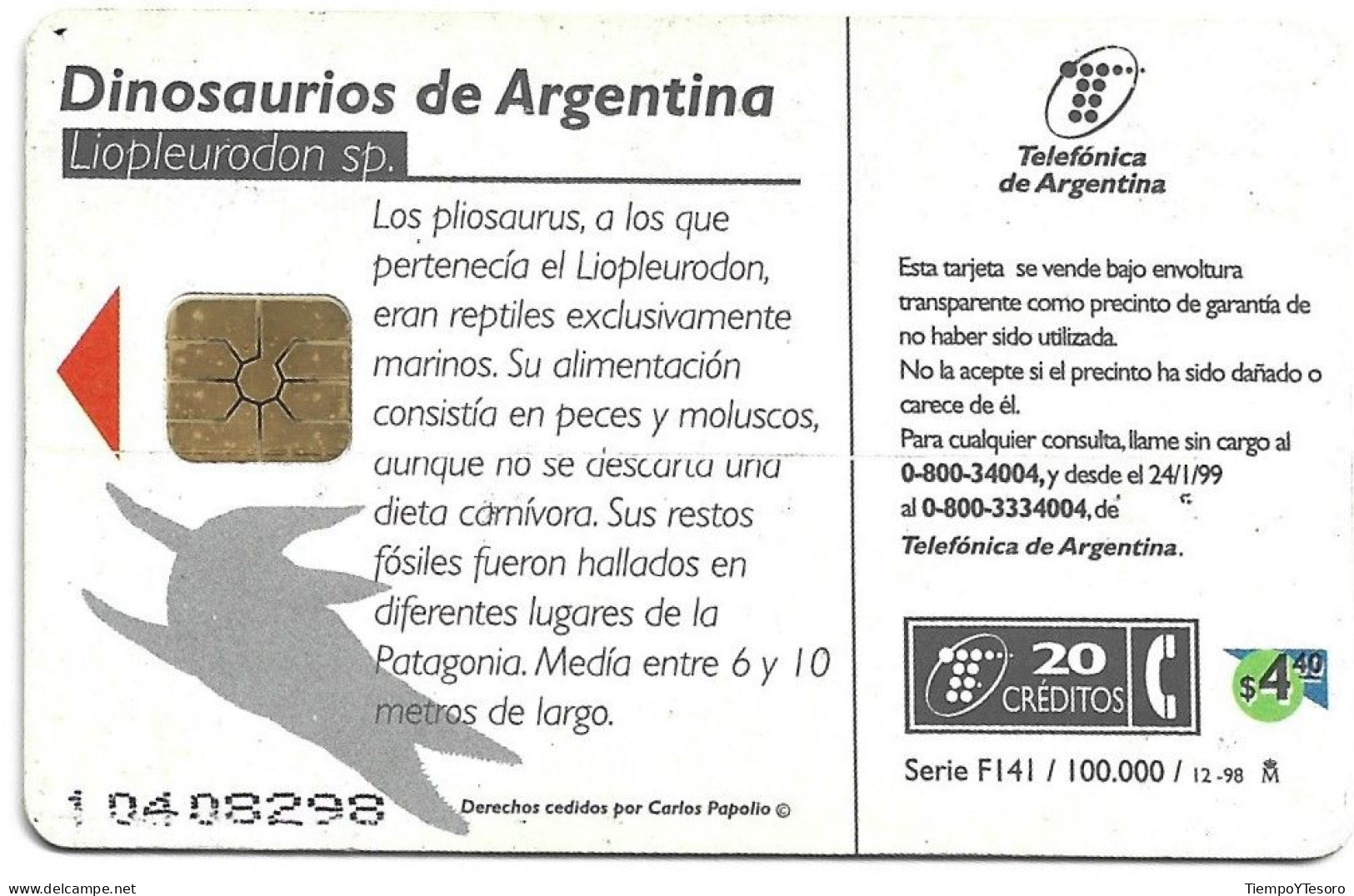 Phonecard - Argentina, Liopleurodon, N°1116 - Sammlungen