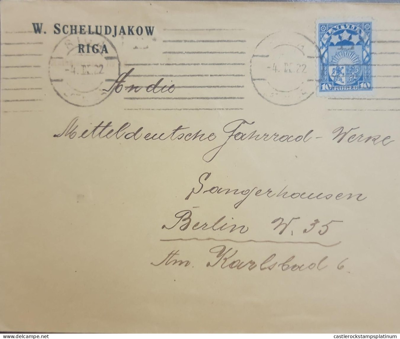 O) 1922 LATVIA,  ARMS AND STARS FOR VIDZEME, KURZEME AND LATGALE  10r Blue,   W. SCHELUDJAKOW,  CIRCULATED TO BERLIN - Lettland