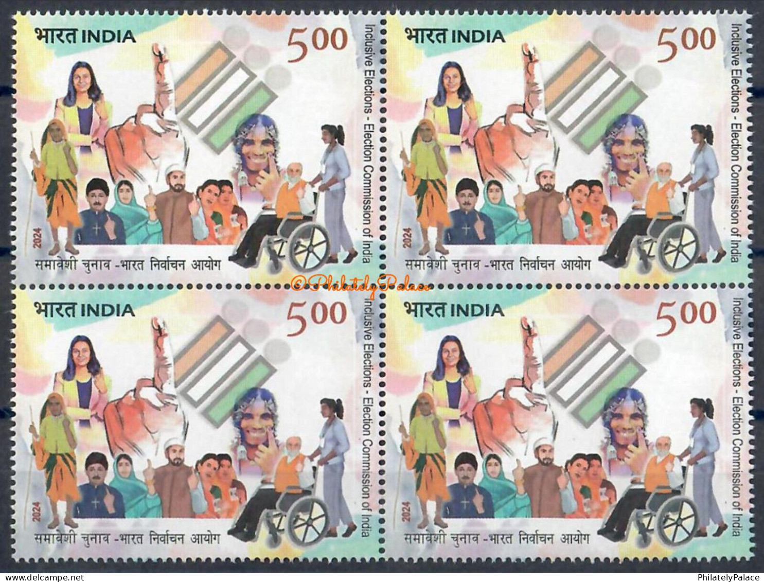 India 2024 Election,Largest Democracy,Hindu,Christian,Sikh,Muslim,Wheelchair,Disabled, Block 4v, MNH (*) Inde Indien - Nuevos