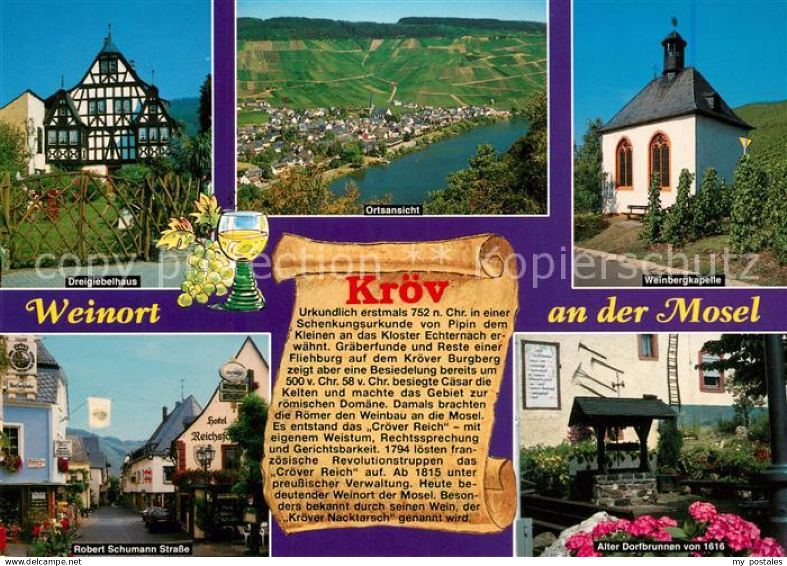 73216468 Kroev Mosel Dreigiebelhaus Fachwerk Landschaftspanorama Weinbergkapelle - Kroev