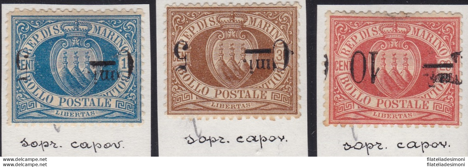 1892 SAN MARINO, N° 8a/10a  MLH/* Tre Valori Con Sovrastampa Capovolta - Plaatfouten En Curiosa