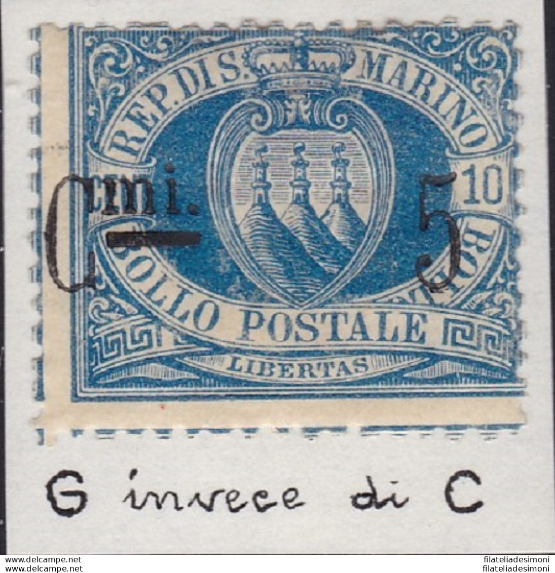 1892 SAN MARINO, N° 8y 5c. Su 10c. Azzurro MLH/* G.mi Invece Di C.mi - Varietà & Curiosità