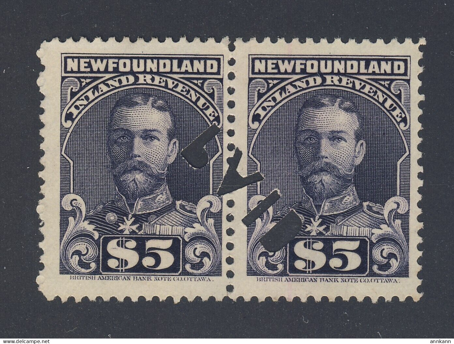2x Newfoundland George V Revenue Stamps; Pair #NFR21-$5.00 Perf 11 GV= $150.00 - Fiscales