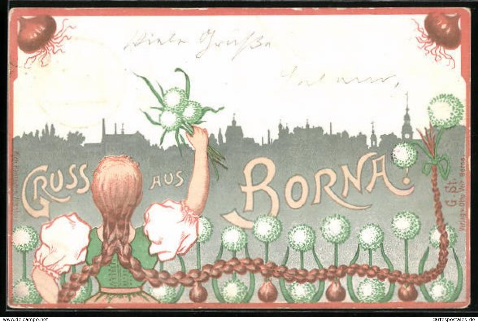 Lithographie Borna, Grusskarte, Magd Mit Blume In Der Hand  - Borna
