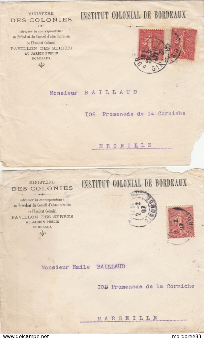 VIGNETTE EXPOSITION MARITIME BORDEAUX 1907 SUR 2 LSC INSTITUT COLONIAL MINISTERE DES COLONIES POUR MARSEILLE - Lettere