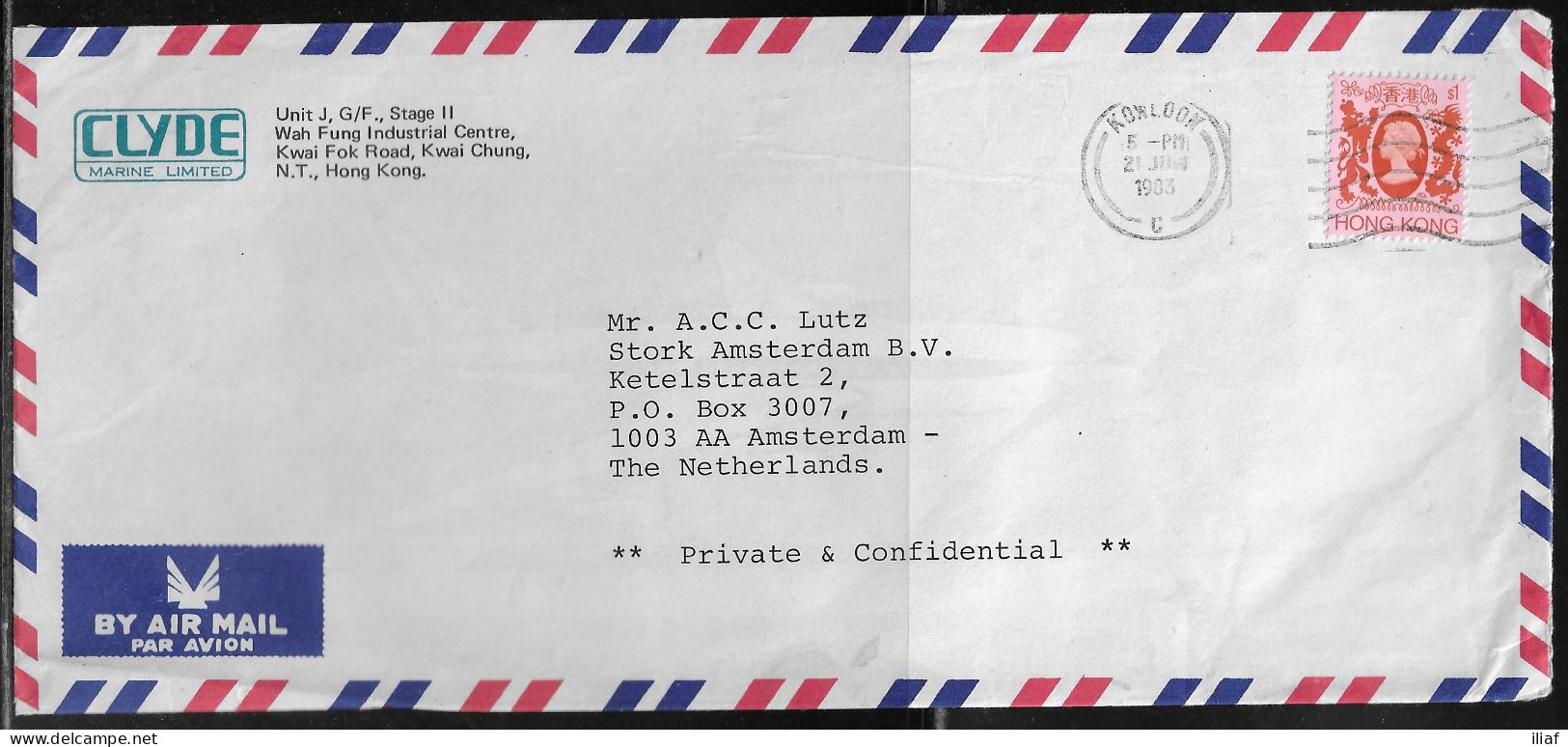 Hong Kong. Stamp Sc. 397 On Commercial Air Mail Letter, Sent From Hong Kong On 2.06.1983 To The Netherland - Cartas & Documentos