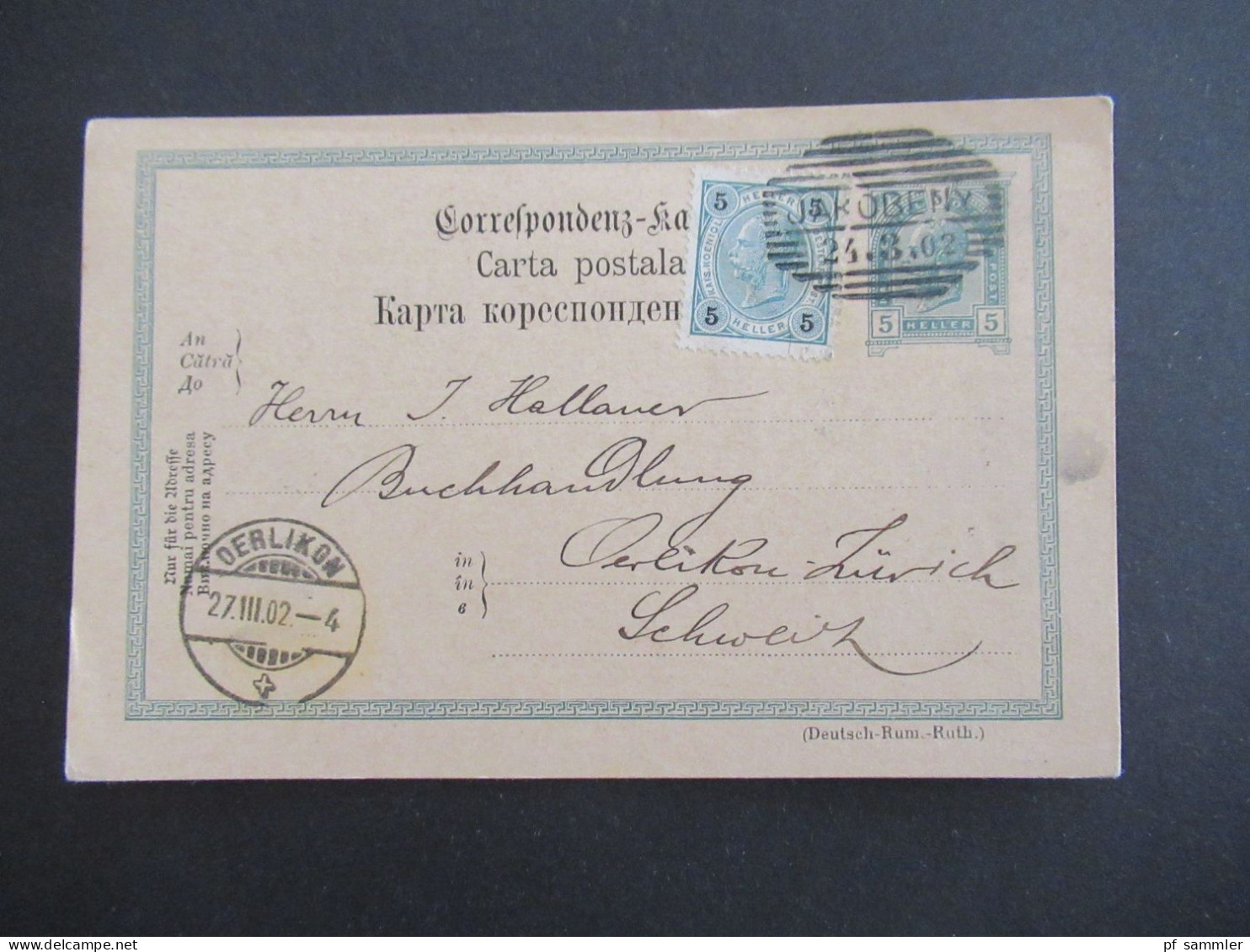 1902 Österreich / Rumänien GA 5 Heller Mit ZuF Deutsch -Rum.-Ruth.) Strichstempel Jakobeny Nach Oerlikon Schweiz - Postkarten