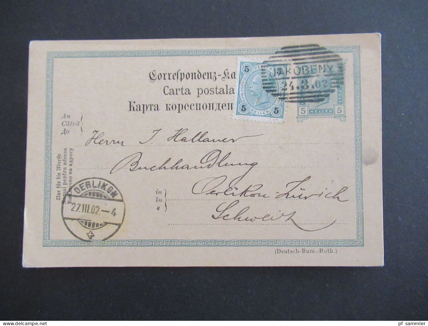 1902 Österreich / Rumänien GA 5 Heller Mit ZuF Deutsch -Rum.-Ruth.) Strichstempel Jakobeny Nach Oerlikon Schweiz - Cartes Postales