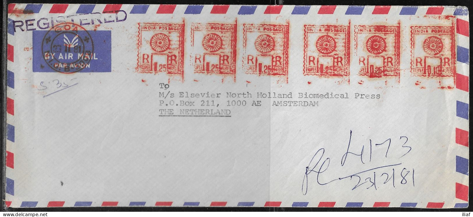 India. Meter Cancellation On Commercial Registered Letter, Sent From Goa On 23.11.81 To Netherlands. - Storia Postale