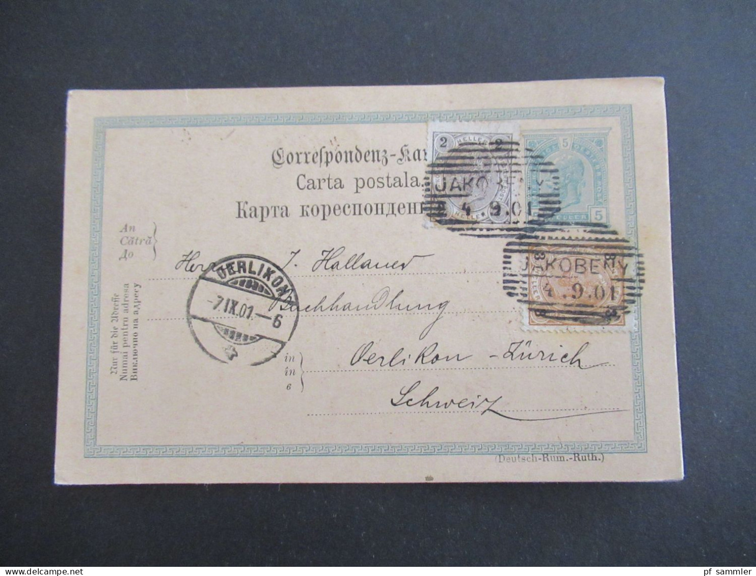 1901 Österreich / Rumänien GA 5 Heller Mit 2x ZuF Deutsch -Rum.-Ruth.) Strichstempel Jakobeny Nach Oerlikon Schweiz - Postkarten