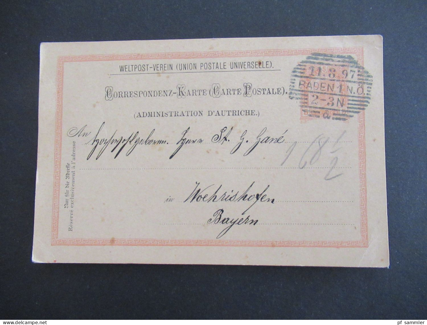 1897 Österreich GA 5 Kreuzer UPU Weltpost Verein Mit Strichstempel Baden 1 N.Ö. Nach Woehrishofen Bayern - Postcards