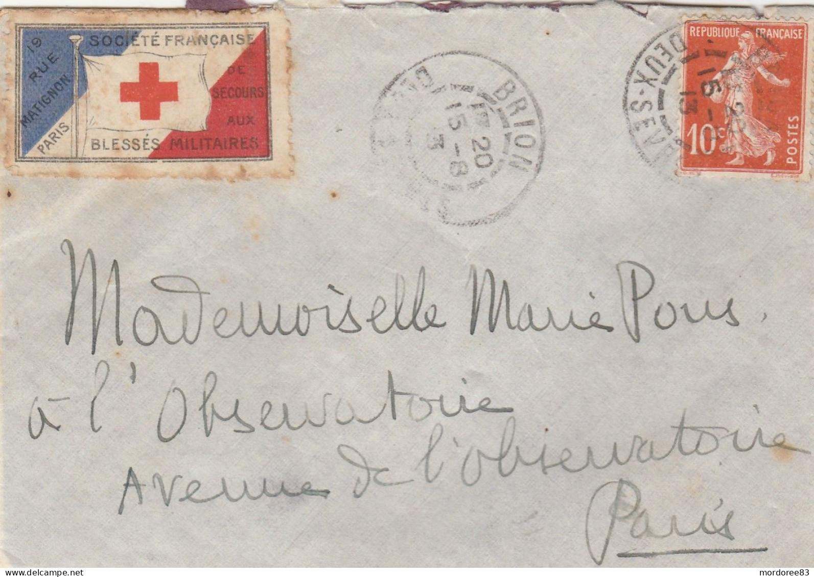 SEMEUSE 10C + VIGNETTE BLESSES MILITAIRES MIGNONETTE BRION DEUX SEVRES 15/8/1913 - Cartas & Documentos