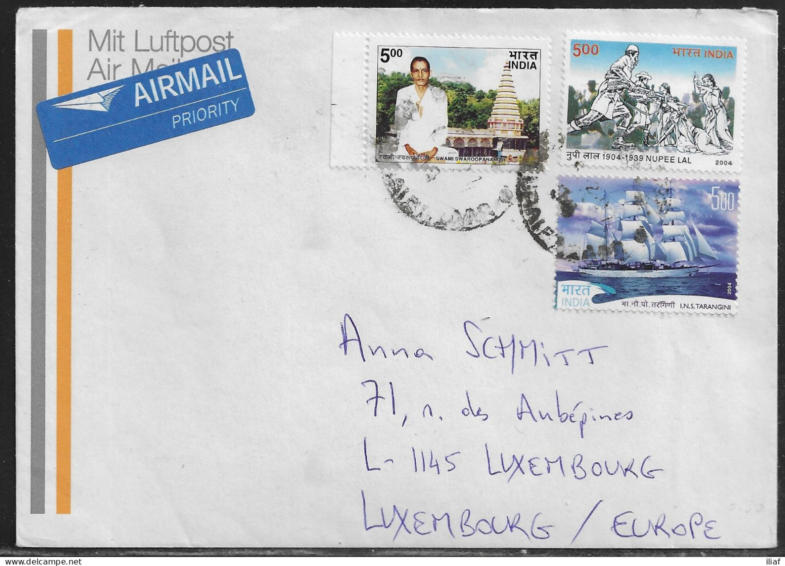 India. Stamps Sc. 2045, 2091, 2059 On Air Mail Letter, Sent To Luxembourg. - Cartas & Documentos