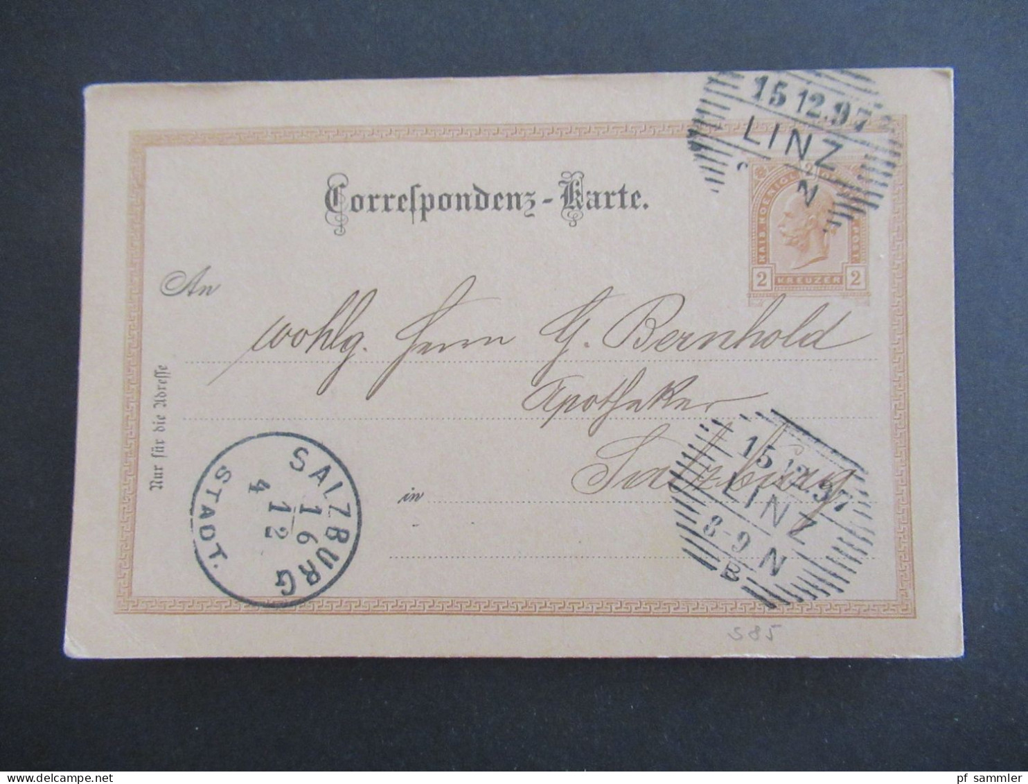 1897 Österreich GA 2 Kreuzer Mit Strichstempel Linz Nach Salzburg Mit K1 Ank. Stempel Salzburg Stadt - Postkarten