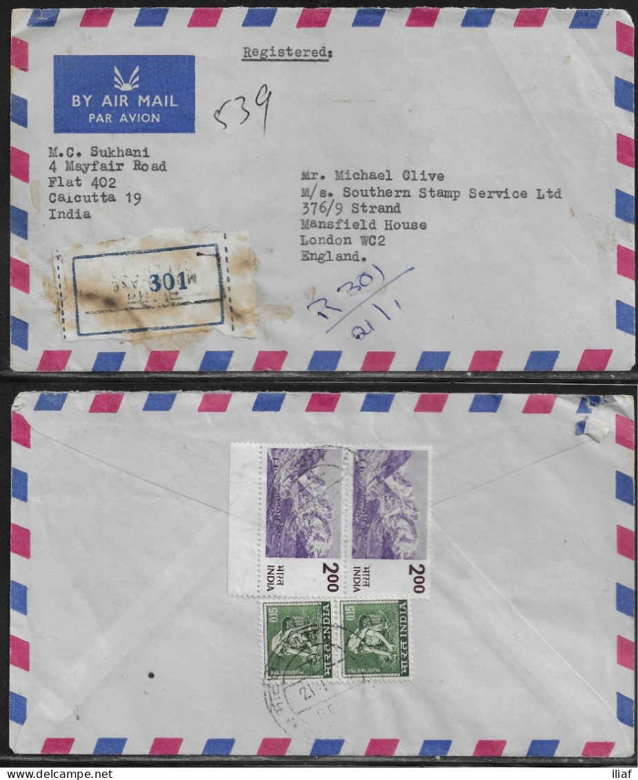 India. Stamps Sc. 412, 736a (on Reverse) On Air Mail Registered Letter, Sent From Calcutta In 21.01.1978 To England. - Storia Postale