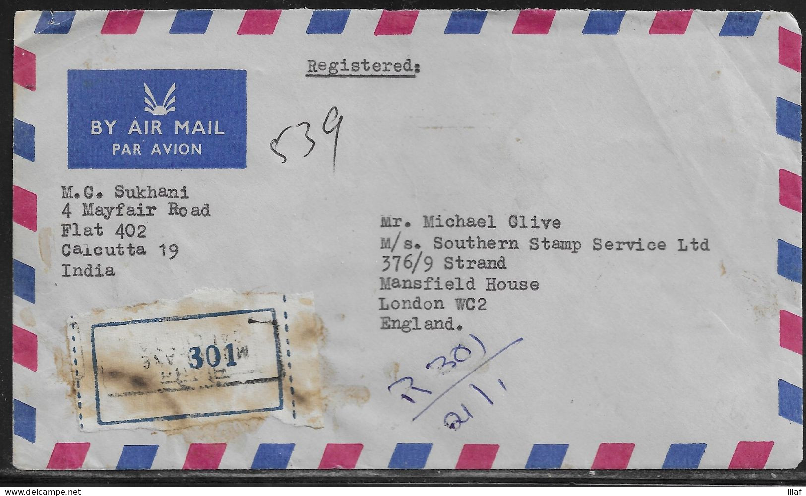 India. Stamps Sc. 412, 736a (on Reverse) On Air Mail Registered Letter, Sent From Calcutta In 21.01.1978 To England. - Lettres & Documents