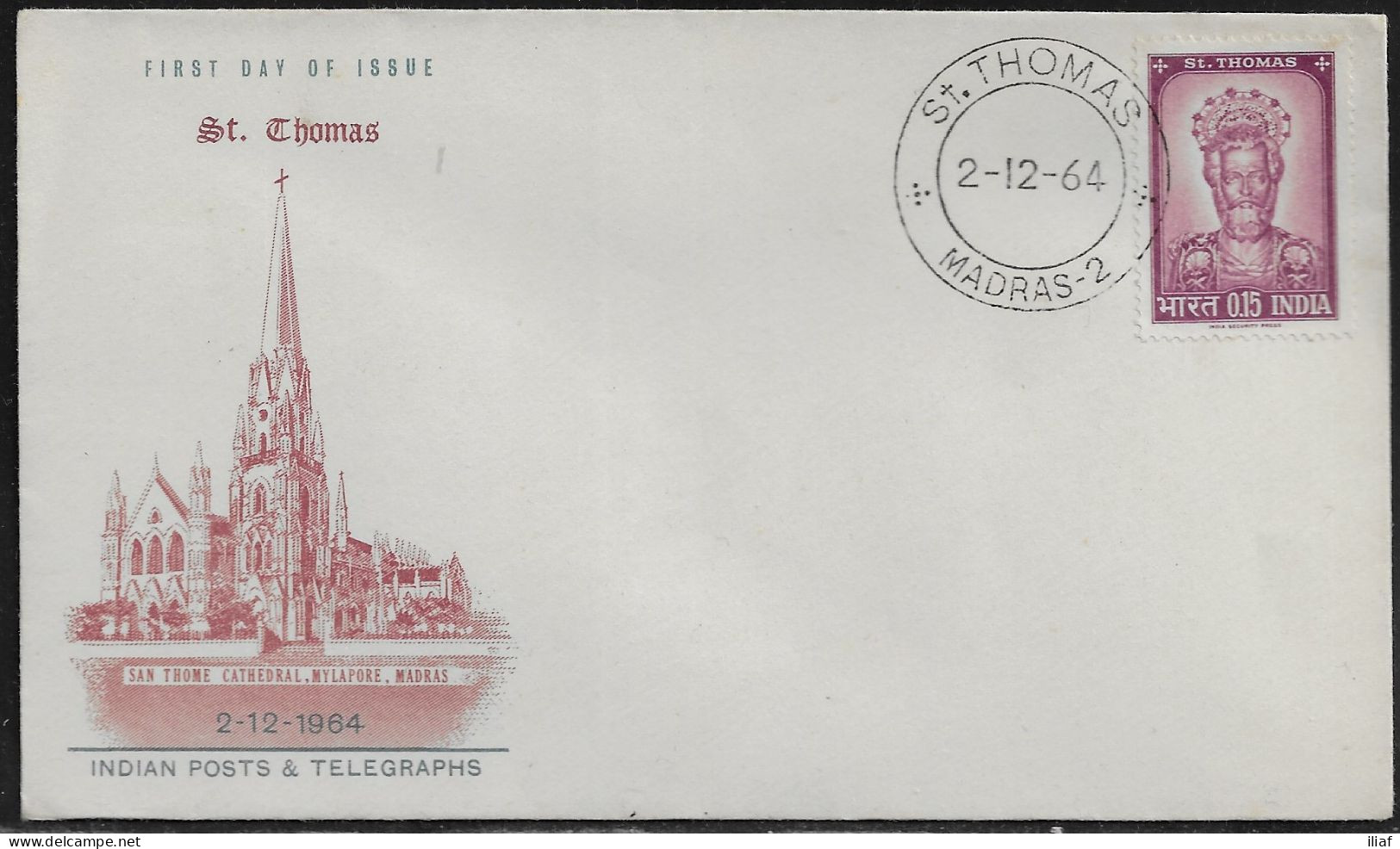 India. FDC Sc. 394.   St. Thomas Cathedral, Mylapore, Madras Commemoration.  FDC Cancellation On Cachet FDC Envelope - FDC