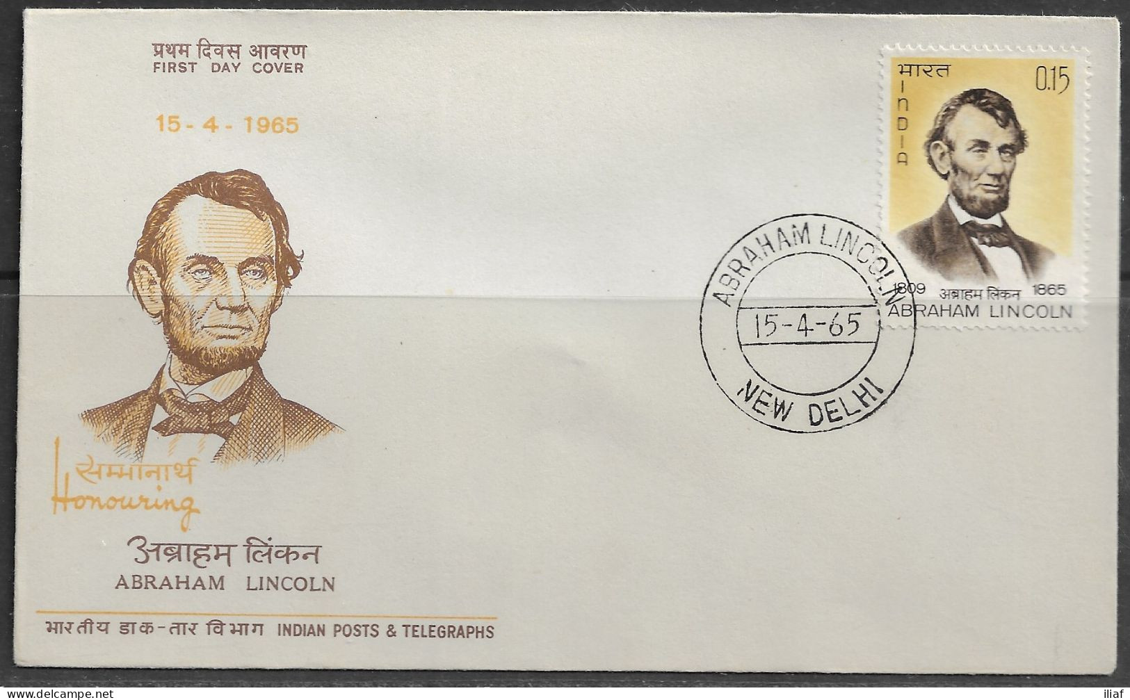 India. FDC Sc. 400.   Death Centenary Of Abraham Lincoln (1809-1865).  FDC Cancellation On Cachet FDC Envelope - FDC