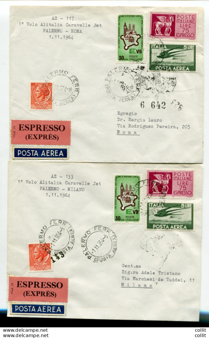 Alitalia Palermo/Roma E Palermo/Milano Del 1.11.64 - Due Aerogrammi - Poste Aérienne