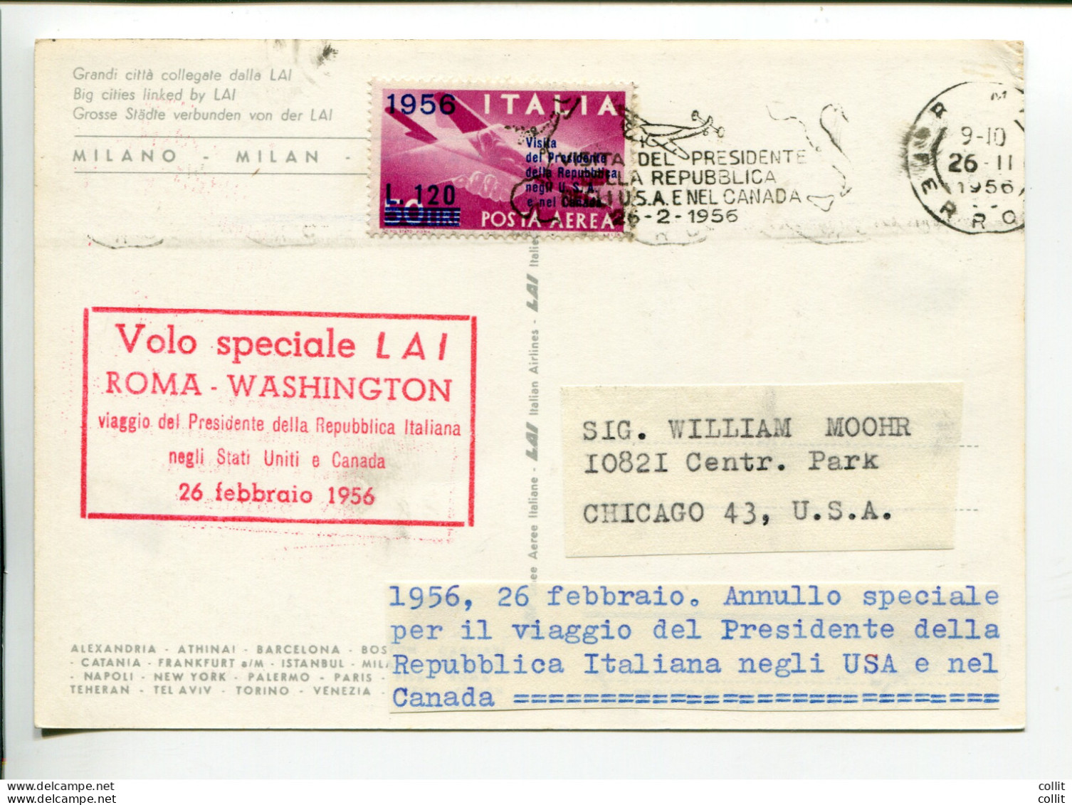 LAI Volo Presidenziale Del 26.2.56 - Cartolina Pubblicitaria - Airmail