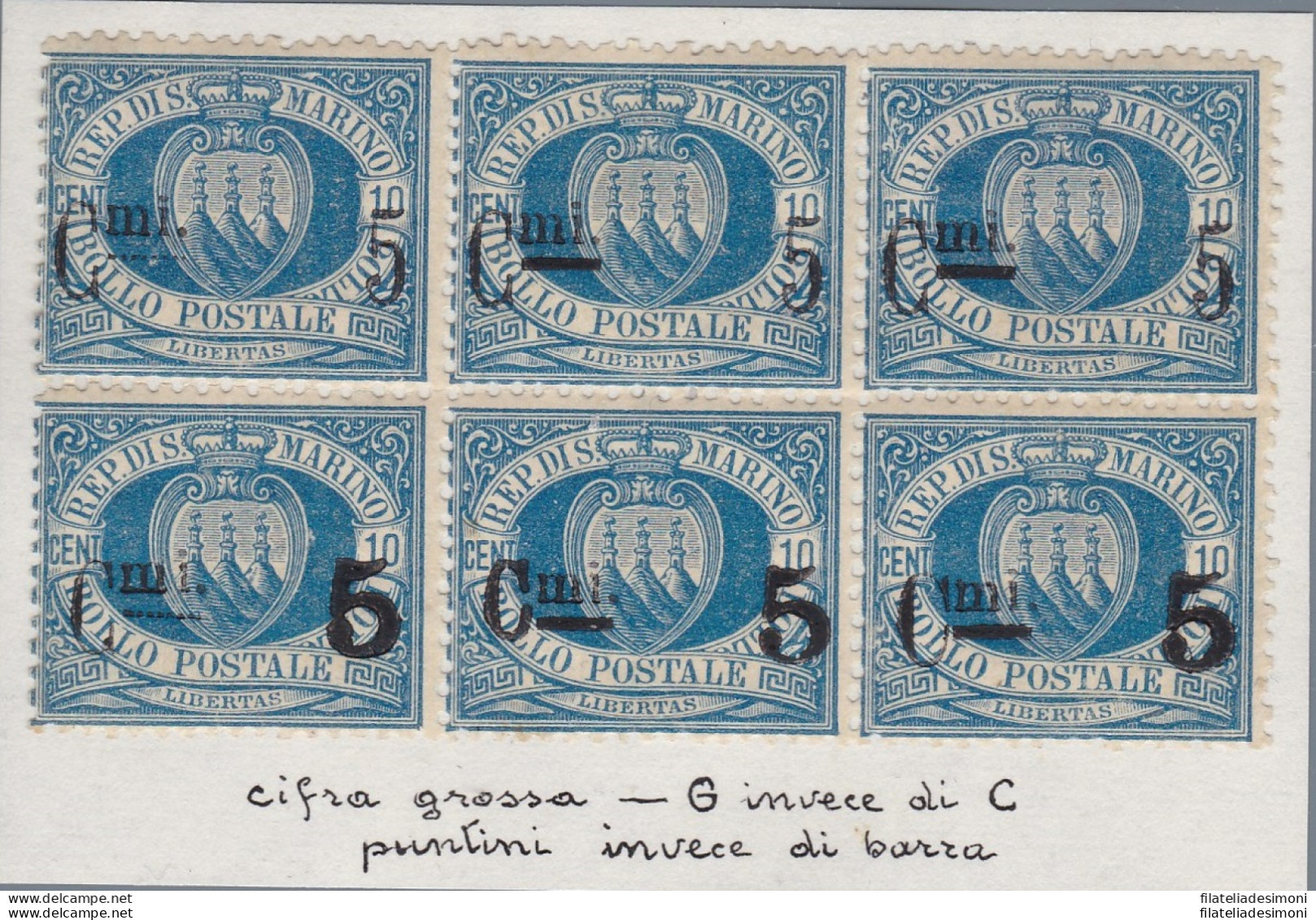 1892 SAN MARINO, N° 8 Blocco Di 6 (striscia Inferiore Pos. 48/49/50 MNH/**) VAR - Variétés Et Curiosités